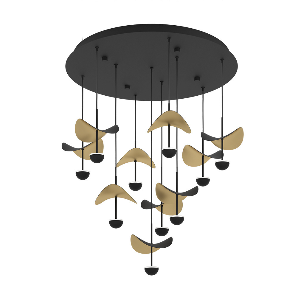 10 LT Integrated LED Cascade Ceiling Light w/ Black Finish & Black & Gold Leaf Shades