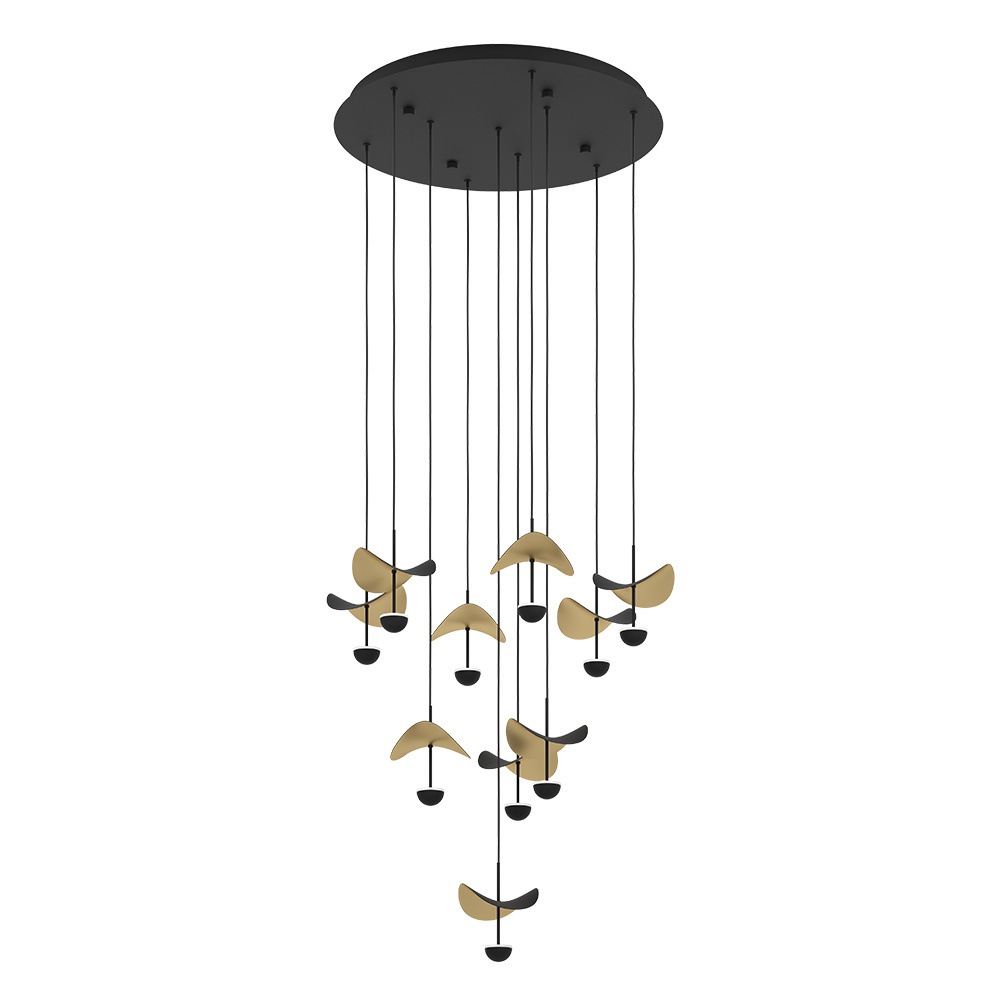 10 LT Integrated LED Cascade Pendant w/ Black Finish & Black & Gold Leaf Shades