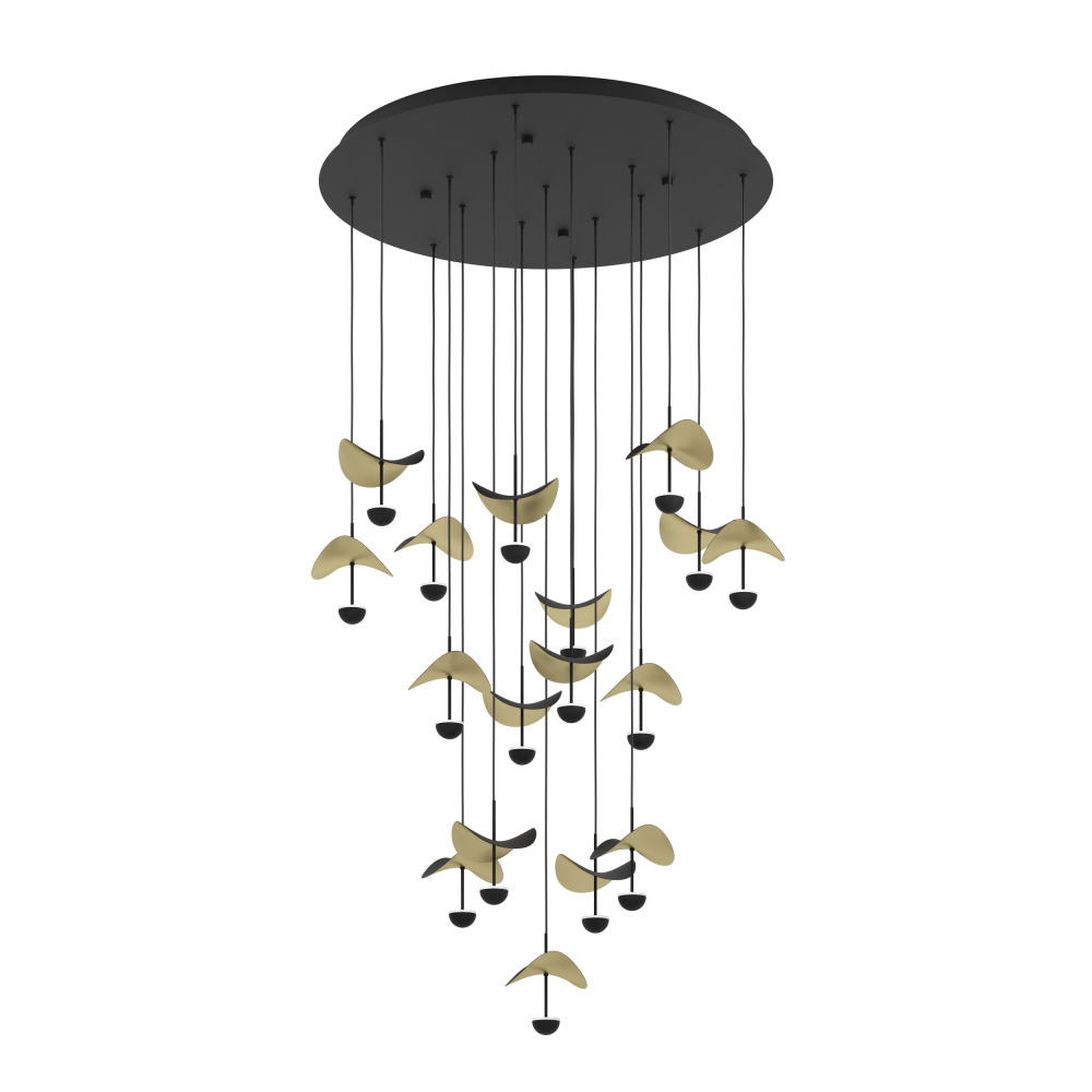 17 LT LED Cascade Pendant w/ Black Finish & Black & Gold Leaf Shades